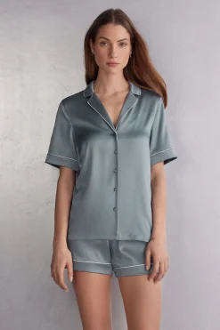 Camisa de Manga Corta de Seda de Corte Masculino