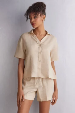 Camisa de Manga Corta en Tela de Lino
