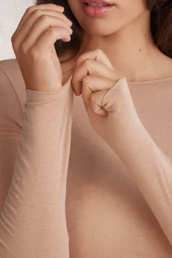 Camiseta con cuello barco en cashmere de manga Larga