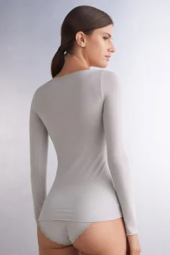 Camiseta con cuello barco en cashmere de manga Larga