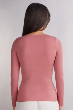 Camiseta con encaje de manga larga en modal y cashmere ultraligero