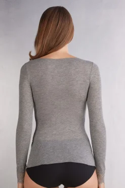 Camiseta con encaje de manga larga en modal y cashmere ultraligero
