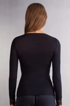 Camiseta con encaje de manga larga en modal y cashmere ultraligero
