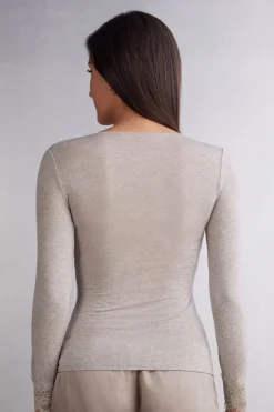 Camiseta con encaje de manga larga en modal y cashmere ultraligero