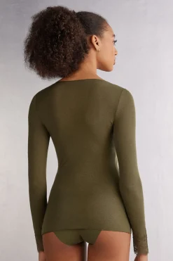Camiseta con encaje de manga larga en modal y cashmere ultraligero