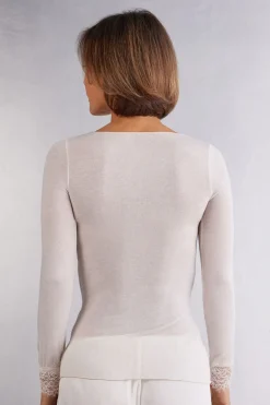 Camiseta con encaje de manga larga en modal y cashmere ultraligero