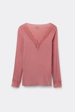 Camiseta con encaje de manga larga en modal y cashmere ultraligero