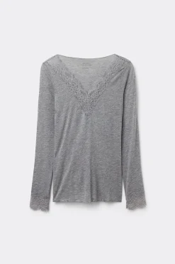 Camiseta con encaje de manga larga en modal y cashmere ultraligero