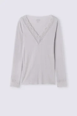 Camiseta con encaje de manga larga en modal y cashmere ultraligero