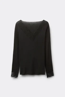 Camiseta con encaje de manga larga en modal y cashmere ultraligero