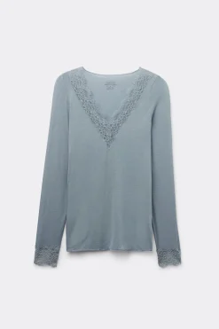 Camiseta con encaje de manga larga en modal y cashmere ultraligero