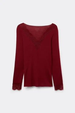 Camiseta con encaje de manga larga en modal y cashmere ultraligero