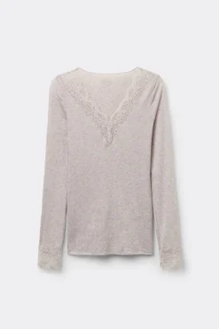 Camiseta con encaje de manga larga en modal y cashmere ultraligero