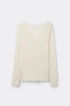Camiseta con encaje de manga larga en modal y cashmere ultraligero