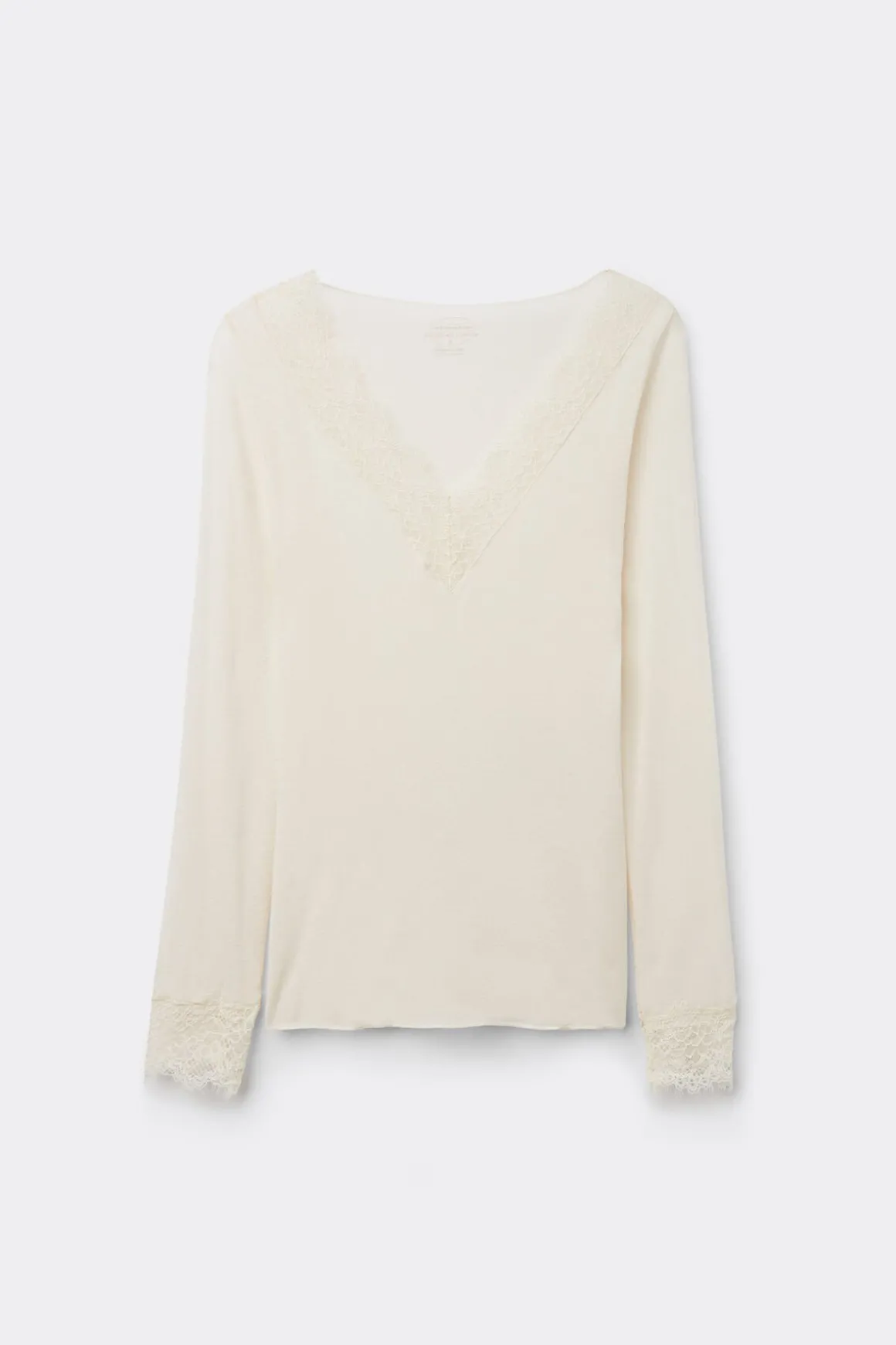 Camiseta con encaje de manga larga en modal y cashmere ultraligero