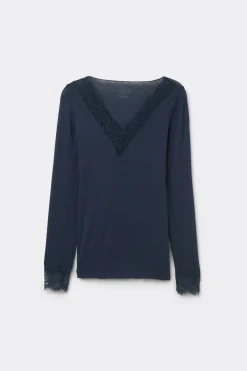 Camiseta con encaje de manga larga en modal y cashmere ultraligero