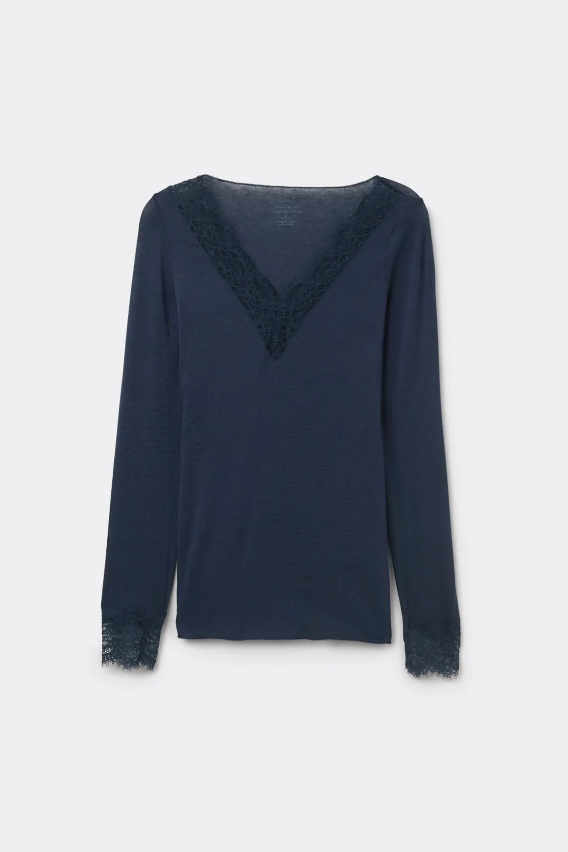 Camiseta con encaje de manga larga en modal y cashmere ultraligero