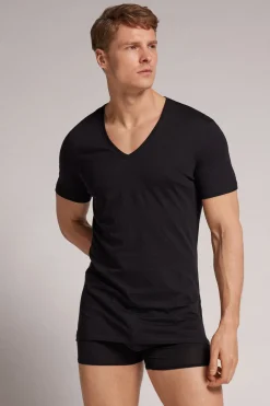 Camiseta con Escote de Pico de Algodón Superior Extrafino
