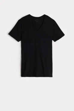 Camiseta con Escote de Pico de Algodón Superior Extrafino