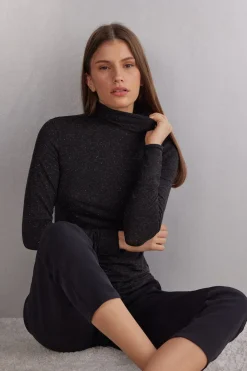 Camiseta de Cuello Alto de Modal Ligero con Cashmere Lamé