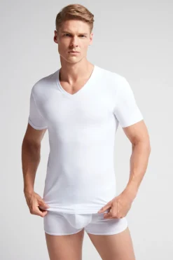 Camiseta de cuello pico en algodón superior