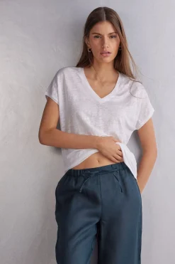 Camiseta de Manga Corta con Escote de Pico de Lino