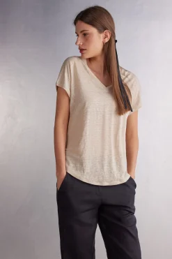 Camiseta de Manga Corta con Escote de Pico de Lino
