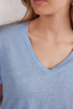 Camiseta de Manga Corta con Escote de Pico de Lino