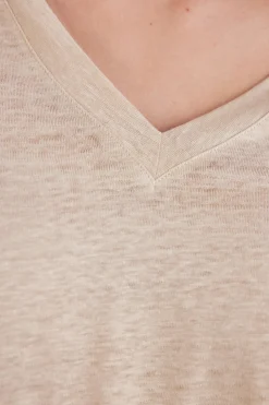 Camiseta de Manga Corta con Escote de Pico de Lino