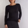 Camiseta de Manga Larga con Cuello Redondo Holgado de Lana y Seda