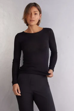 Camiseta de Manga Larga con Cuello Redondo Holgado de Lana y Seda