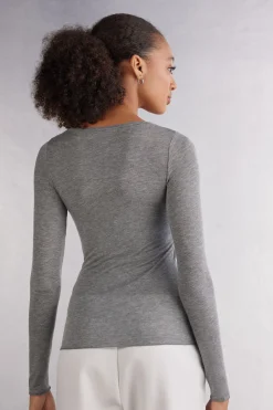 Camiseta de Manga Larga de Modal Ultralight con Cashmere y Escote Redondo