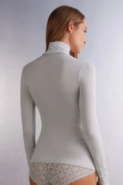 Camiseta de Manga Larga de Cuello Alto de Cashmere Ultraligero de Modal