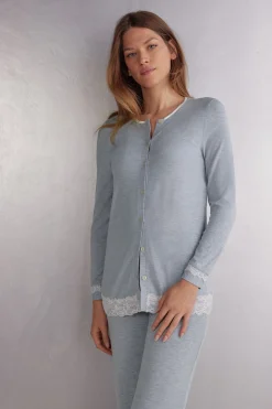 Camiseta de Modal y Encaje Abierta en la Parte Delantera