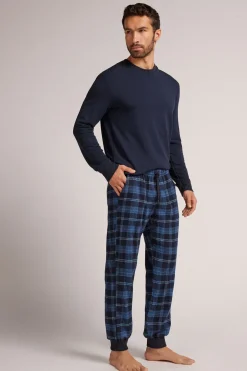 Pantalón Tela de Algodón Perchada Estampado Cuadros Azul Denim