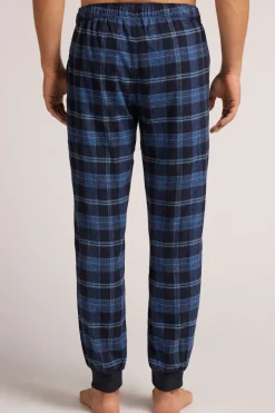 Pantalón Tela de Algodón Perchada Estampado Cuadros Azul Denim