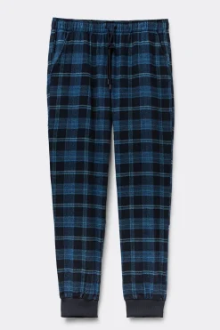 Pantalón Tela de Algodón Perchada Estampado Cuadros Azul Denim